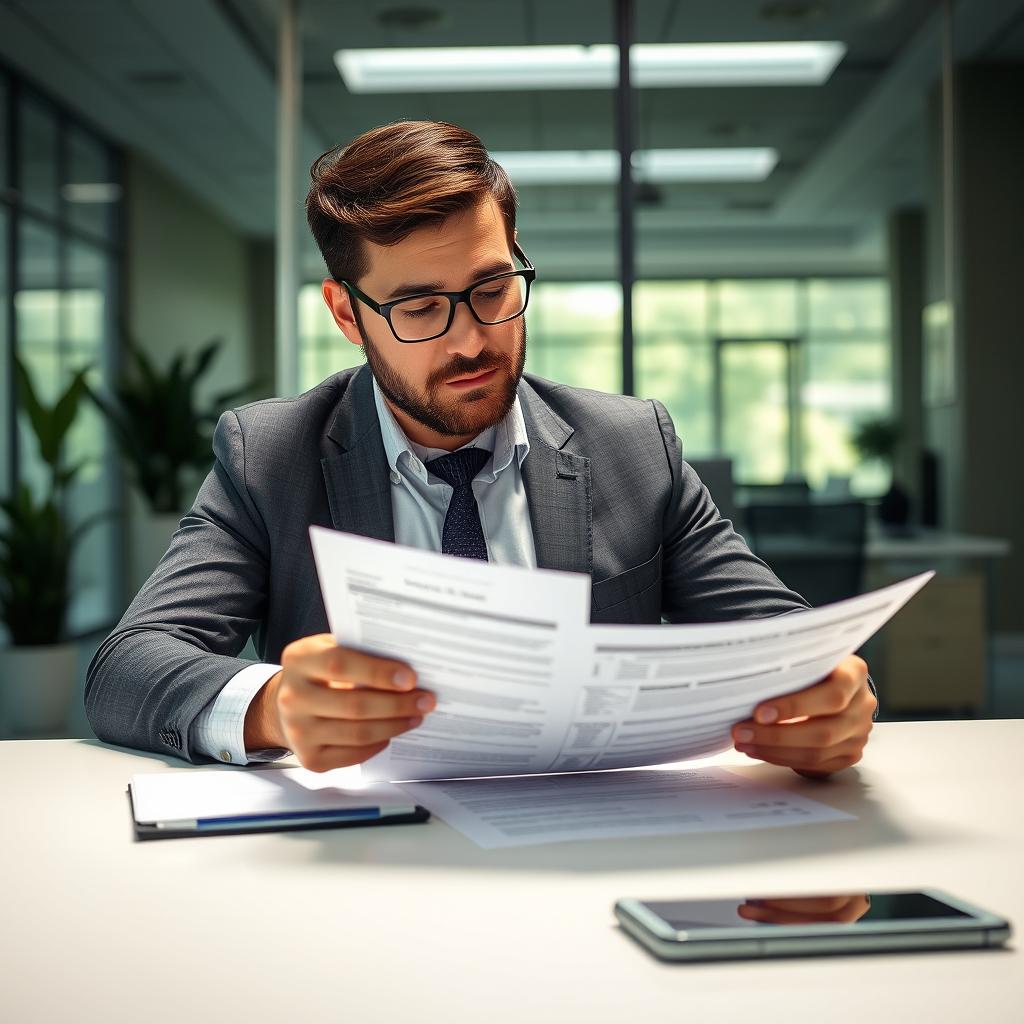 Business owner reviewing workers compensation exemption paperwork at a professional desk